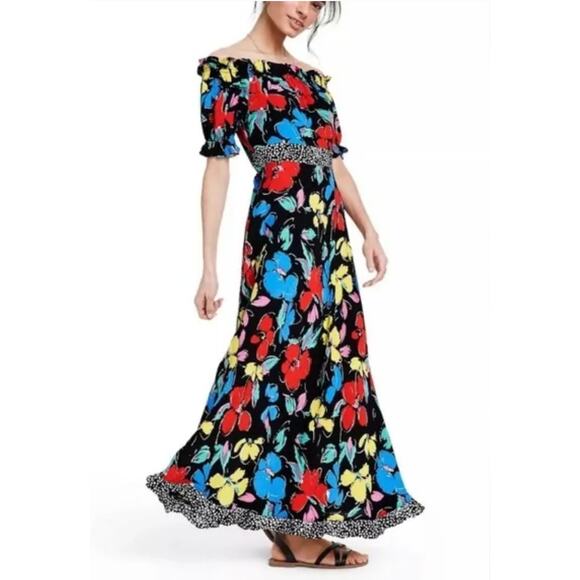 RIXO For Target Black Floral Off the Shoulder Puff Sleeve Maxi Dress Size 10 - Picture 1 of 9